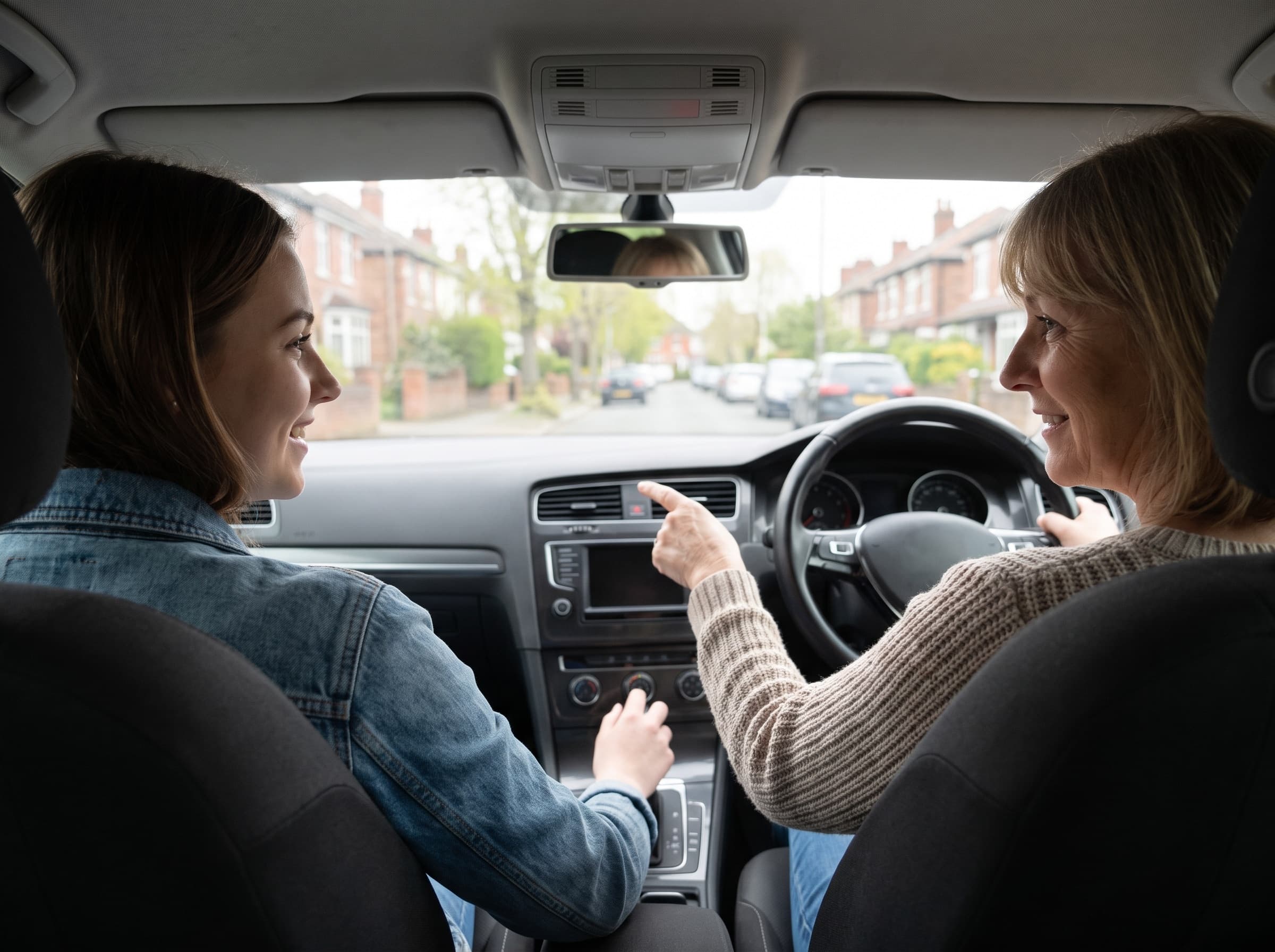 Instructor and learner smiling in a car on a suburban street